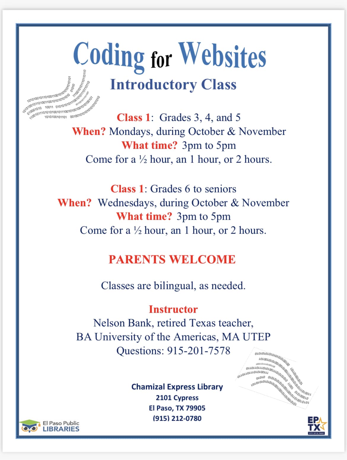 Coding for Website Introductory Class at Chamizal Express Library